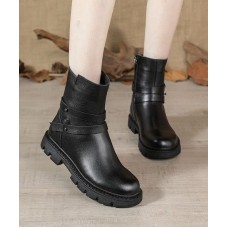 Black Genuine Leather Platform  flat boots