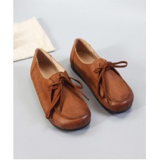 Soft Flat Shoes Brown Cowhide Leather Loafers For Women