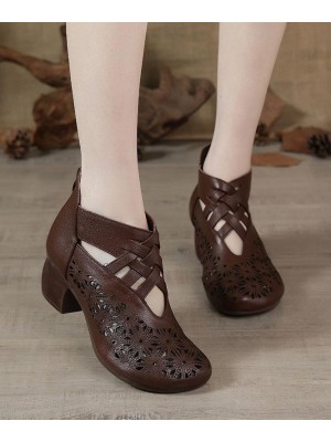 Brown zippered Hollow Out Chunky Boots
