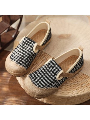 Black Plaid Cotton Linen For Women Splicing Flat Feet Shoes