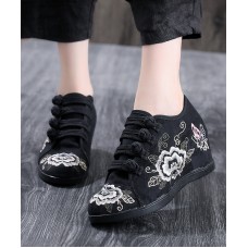 Black Cotton Fabric High Wedge Heels Shoes Embroideried Buckle Strap Flat Shoes For Women