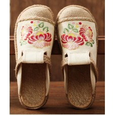 Simple Splicing Flat Shoes Beige Embroideried Cotton Linen Fabric