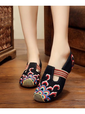 Handmade Black Embroideried Cotton Fabric Flat Shoes