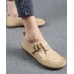 Cowhide Beige Leather Flat Shoes For Women Buckle Strap Hollow Out Flat Shoes