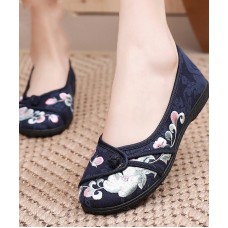 Comfy Blue Flats Embroideried Cotton Fabric Flat Shoes For Women